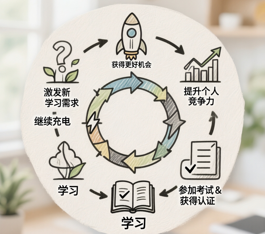 人生应该:学习 → 参加考试 → 获得认证 → 提升竞争力 → 获得更好机会 → 激发新学习需求 → 继续充电